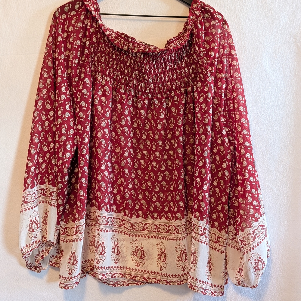 Flying Tomato Boho Peasant Deep Blouse Red Print Smocked Neck 2X Plus Flowy